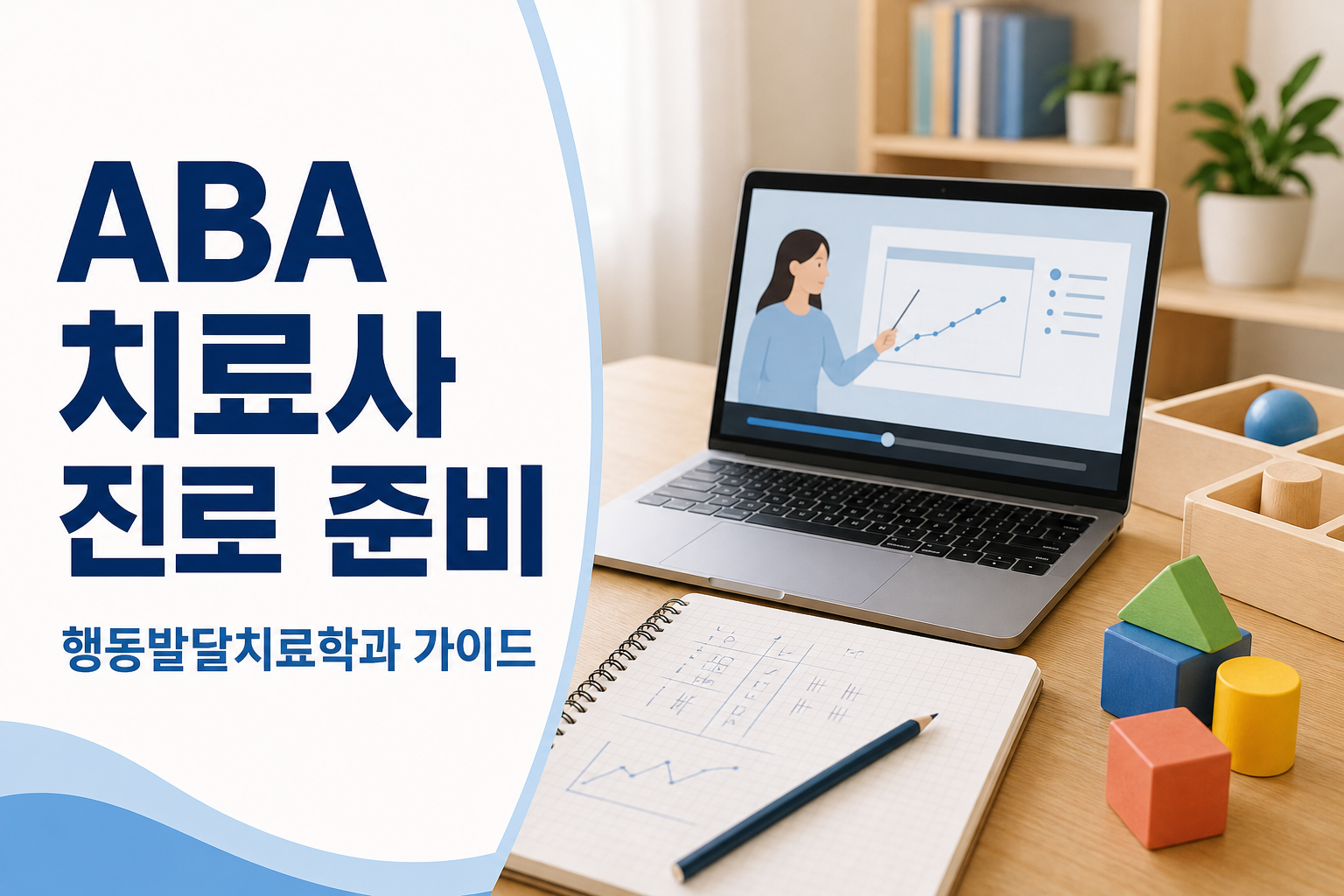 ABA 응용행동분석 이해 문구와 관찰 차트, 치료 블록, 돋보기, 노트가 배치되어 행동분석의 기본 개념을 설명하는 장면