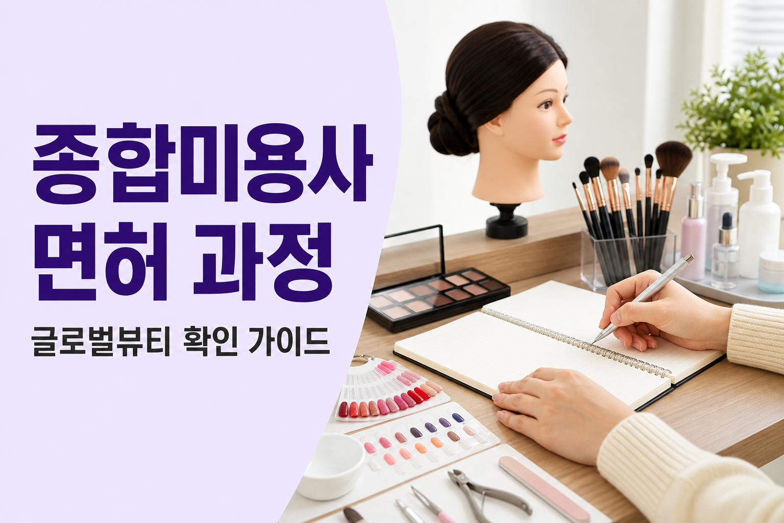 종합미용사 면허란 무엇인가요라는 제목과 미용 도구, 학습 노트가 함께 배치되어 면허와 학습 과정의 차이를 설명하는 이미지