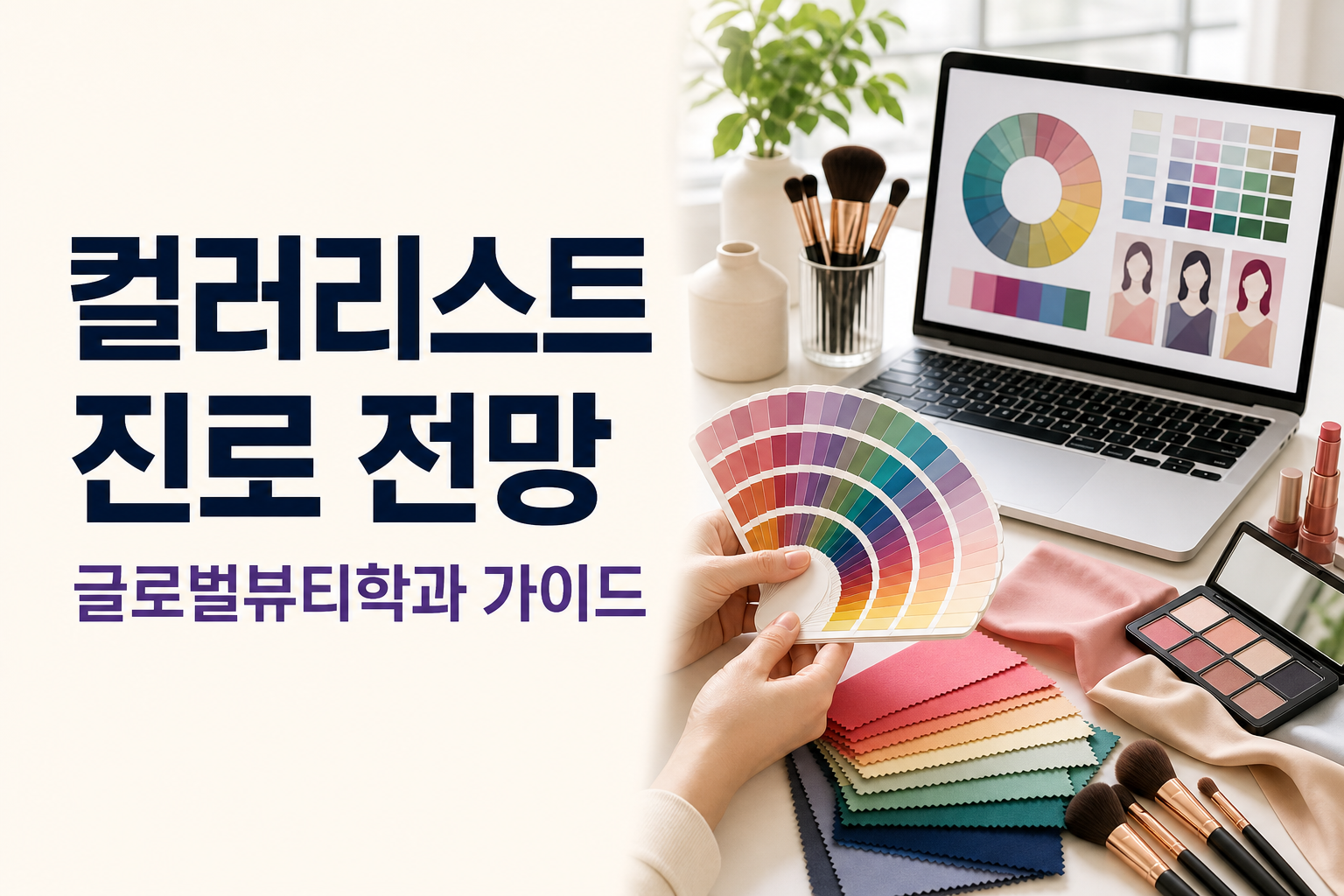 컬러리스트 진로의 기본이라는 제목과 색상환, 천 샘플, 메이크업 색상표가 배치되어 컬러리스트와 퍼스널컬러의 기본 개념을 설명하는 장면