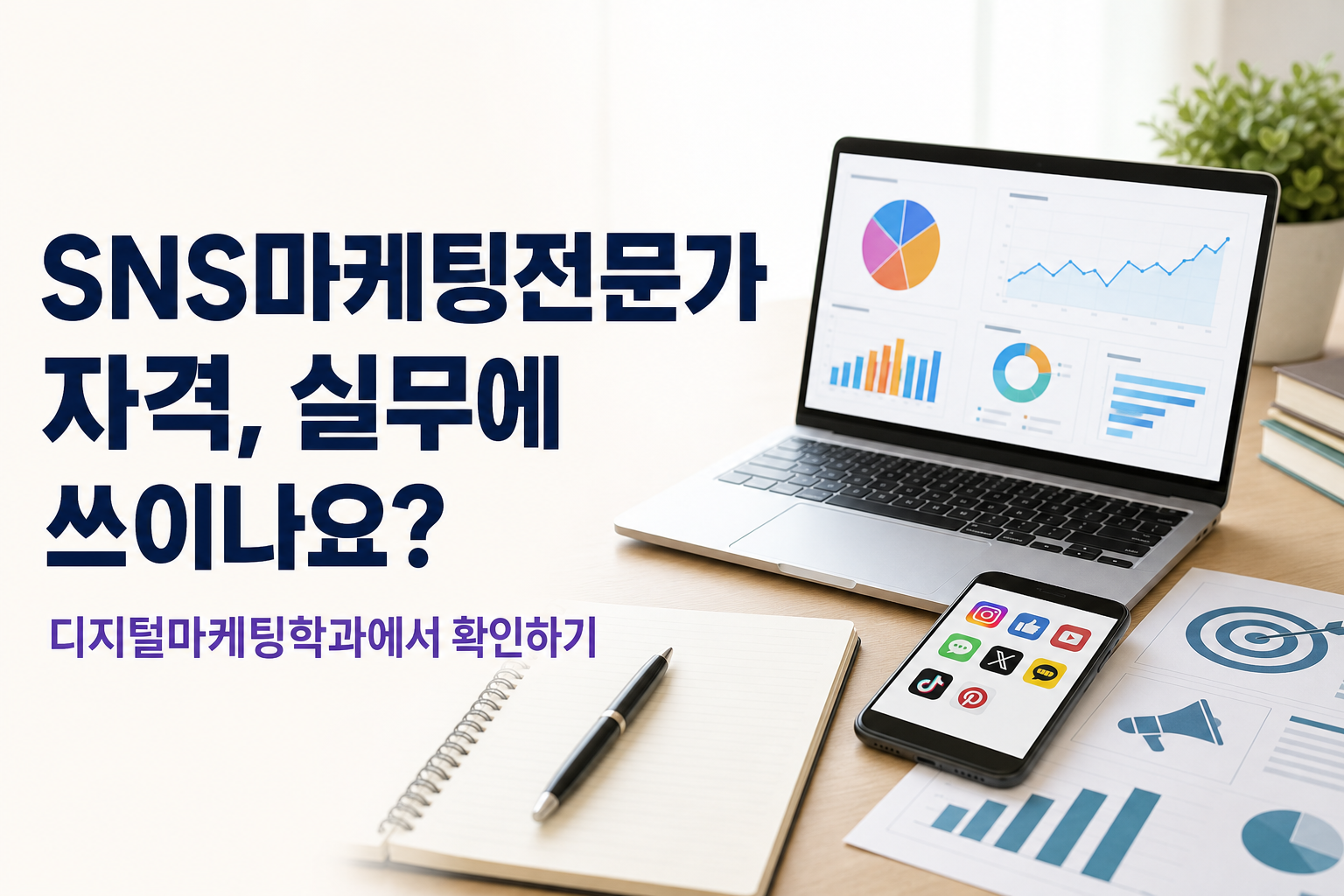 SNS마케팅전문가 자격의 의미를 설명하는 장면으로, 클립보드와 돋보기, SNS 분석 카드, 노트북이 함께 배치된 비교형 이미지